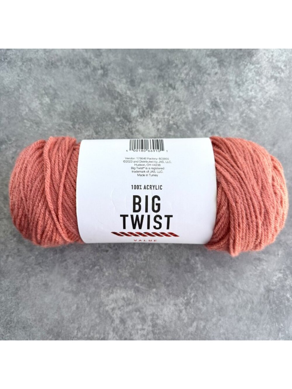 Big Twist Value Yarn DK Coral Color Lot #647095 Weight# 4 100% Acrylic 6oz/380yd